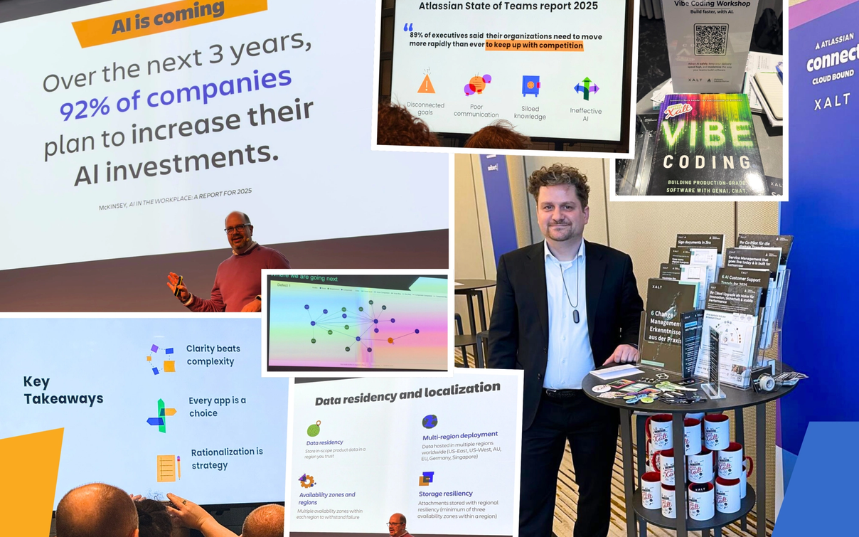 Collage: XALT-Auftritt auf der Atlassian Cloud Bound 2026 – Präsentation, Messestand mit Broschüren und Merchandise.