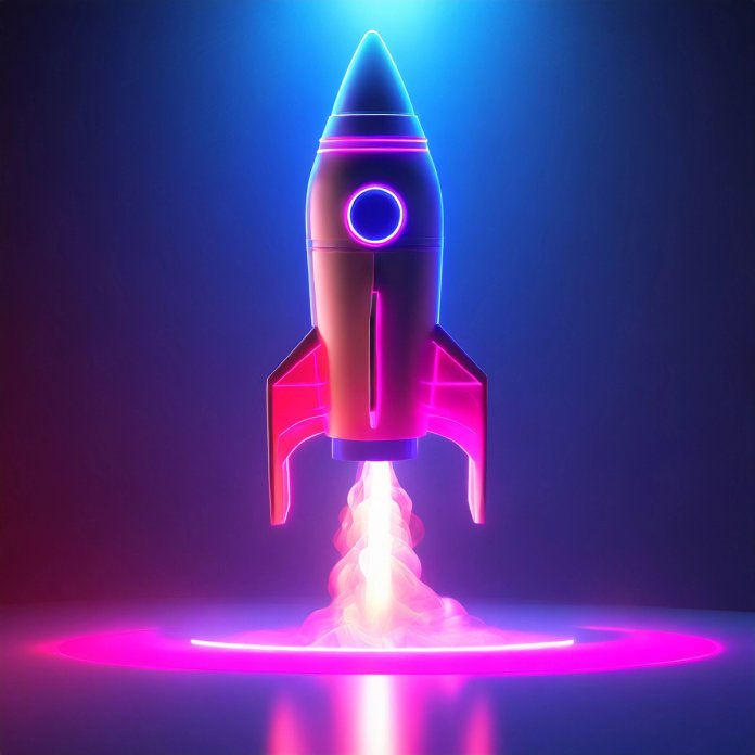 A rocket lifts off from a glowing pink platform in a cloud of smoke