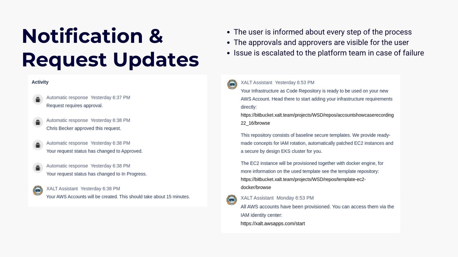 Slide "Notification & Request Updates": automatic status messages on a JSM request up to the notice that the AWS accounts have been provisioned