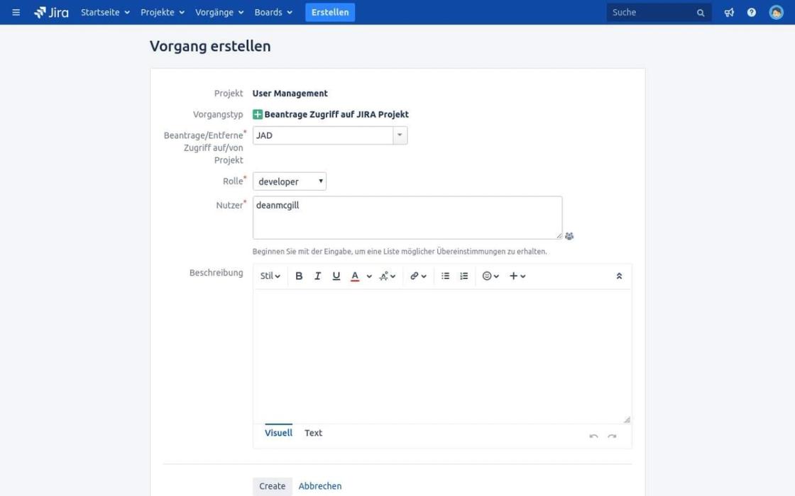 Das Jira-Formular „Vorgang erstellen“ mit den Feldern Projekt, Vorgangstyp, Rolle, Nutzer und Beschreibung, ausgefüllt für einen Zugriffsantrag