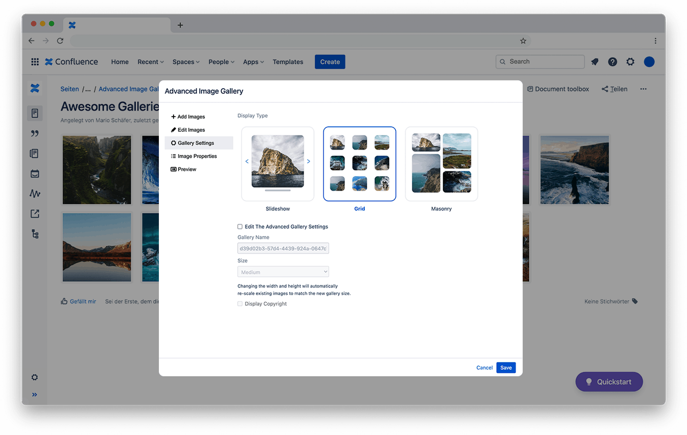 Layout-Optionen der Advanced Image Gallery: Grid, Masonry und Slider