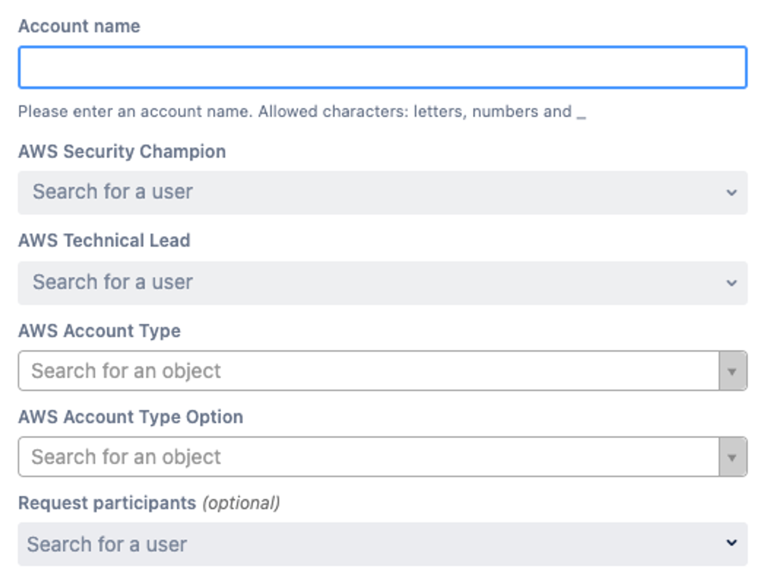 Anfrageformular für einen AWS-Account mit den Feldern Account Name, AWS Security Champion, AWS Technical Lead, Account Type und Request Participants