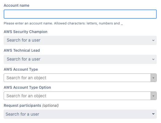 Anfrageformular für einen AWS-Account mit den Feldern Account Name, AWS Security Champion, AWS Technical Lead, Account Type und Request Participants