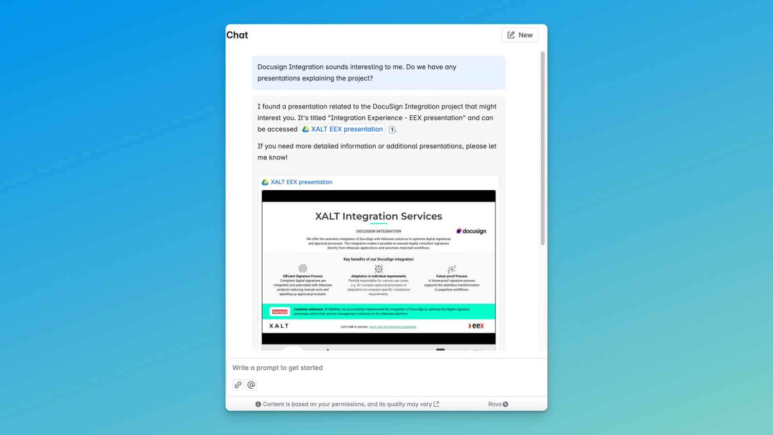 Screenshot eines Rovo-Chats zur DocuSign-Integration mit einer Schritt-für-Schritt-Antwort des Assistenten