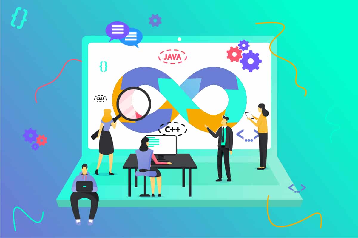 Isometrische Illustration mit DevOps Infinity-Symbol, Programmiersprachen-Icons und Teammitgliedern bei der Softwareentwicklung.