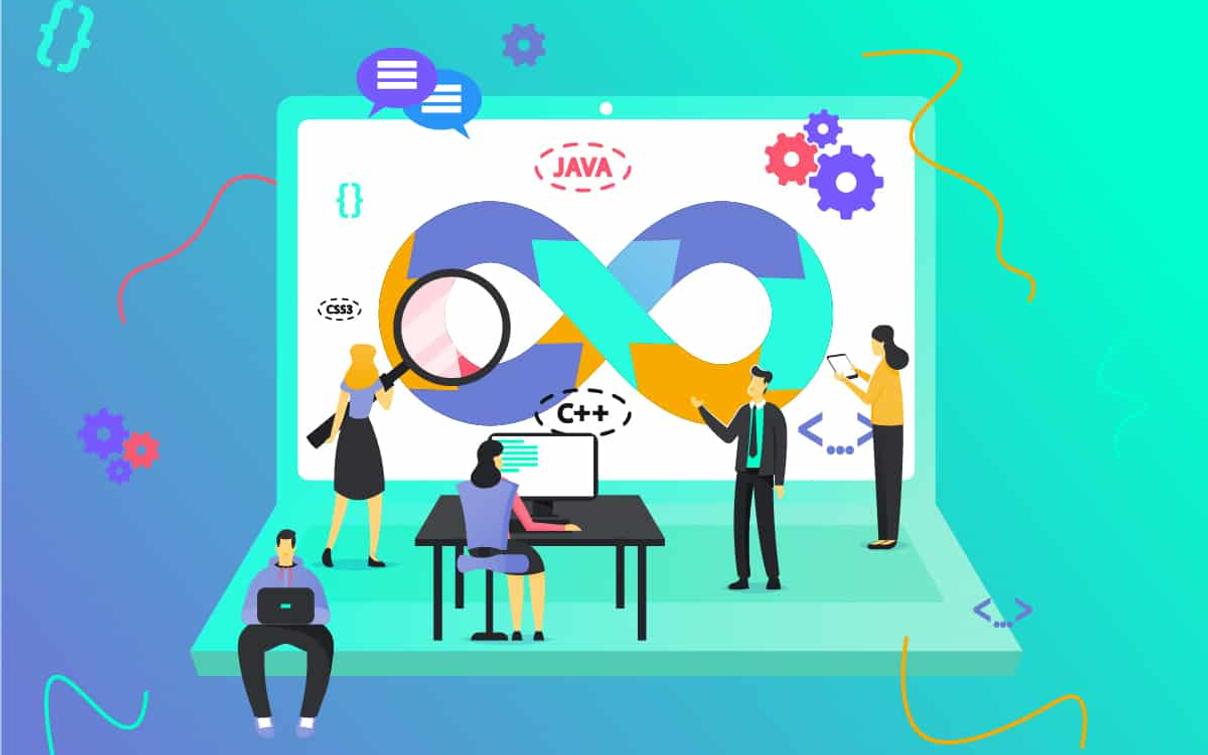 Isometrische Illustration mit DevOps Infinity-Symbol, Programmiersprachen-Icons und Teammitgliedern bei der Softwareentwicklung.