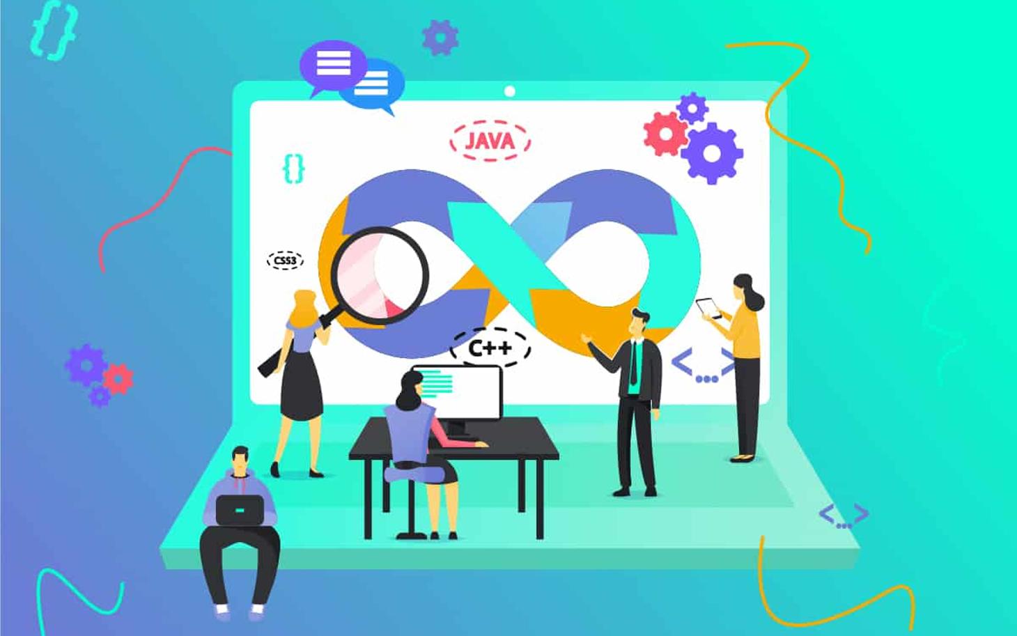 Isometrische Illustration mit DevOps Infinity-Symbol, Programmiersprachen-Icons und Teammitgliedern bei der Softwareentwicklung.