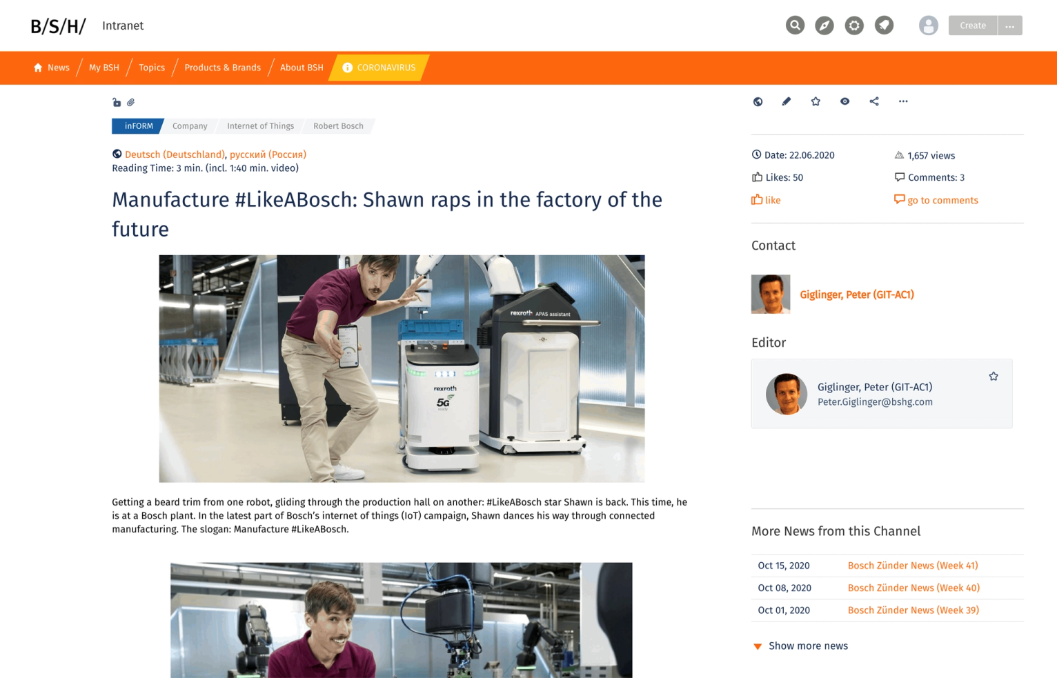 Personalisierte Startseite des BSH-Intranets mit News-Stream und Widgets