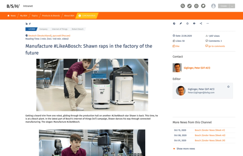 Personalisierte Startseite des BSH-Intranets mit News-Stream und Widgets