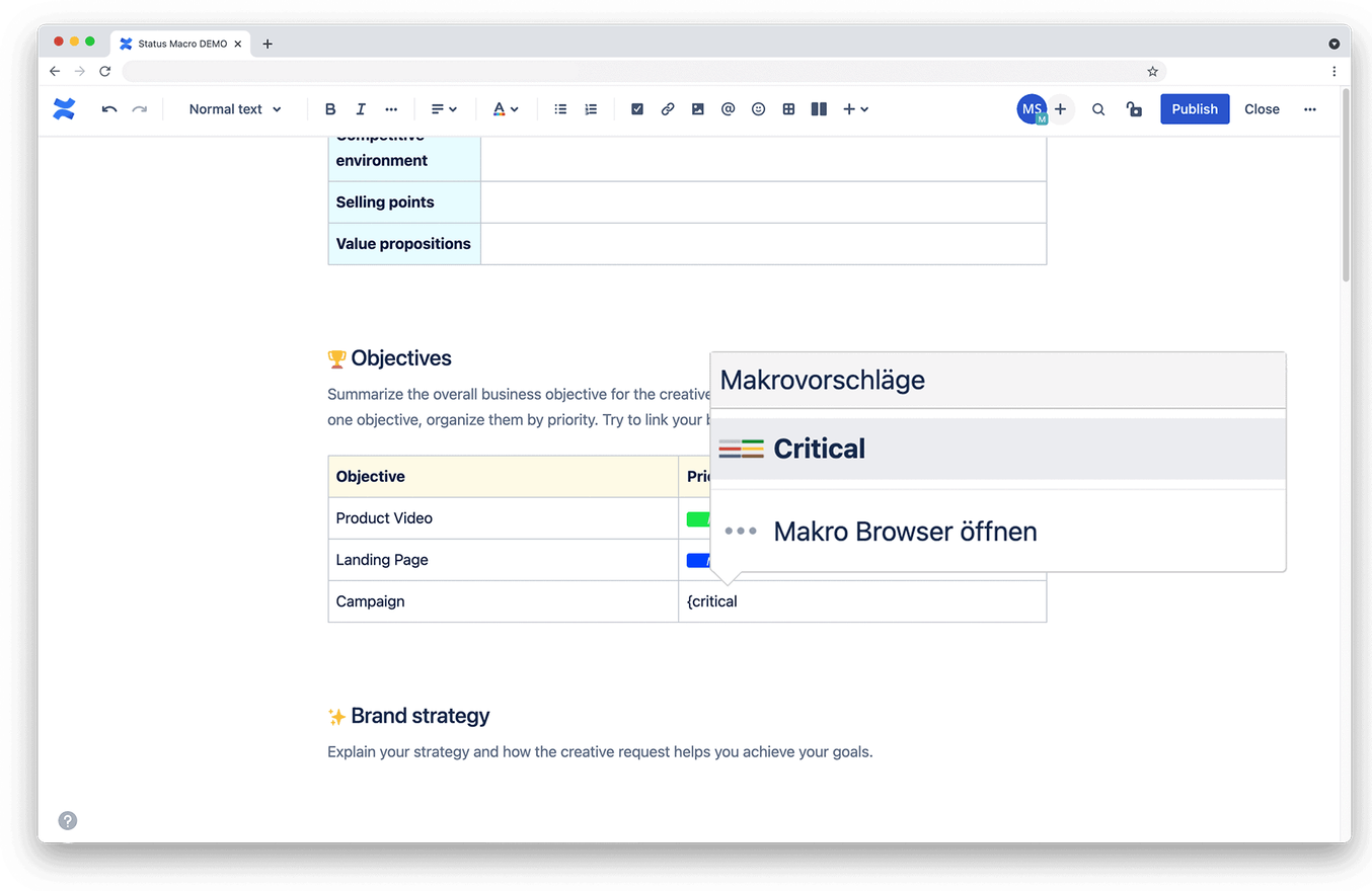 Entering a status via curly bracket in Confluence