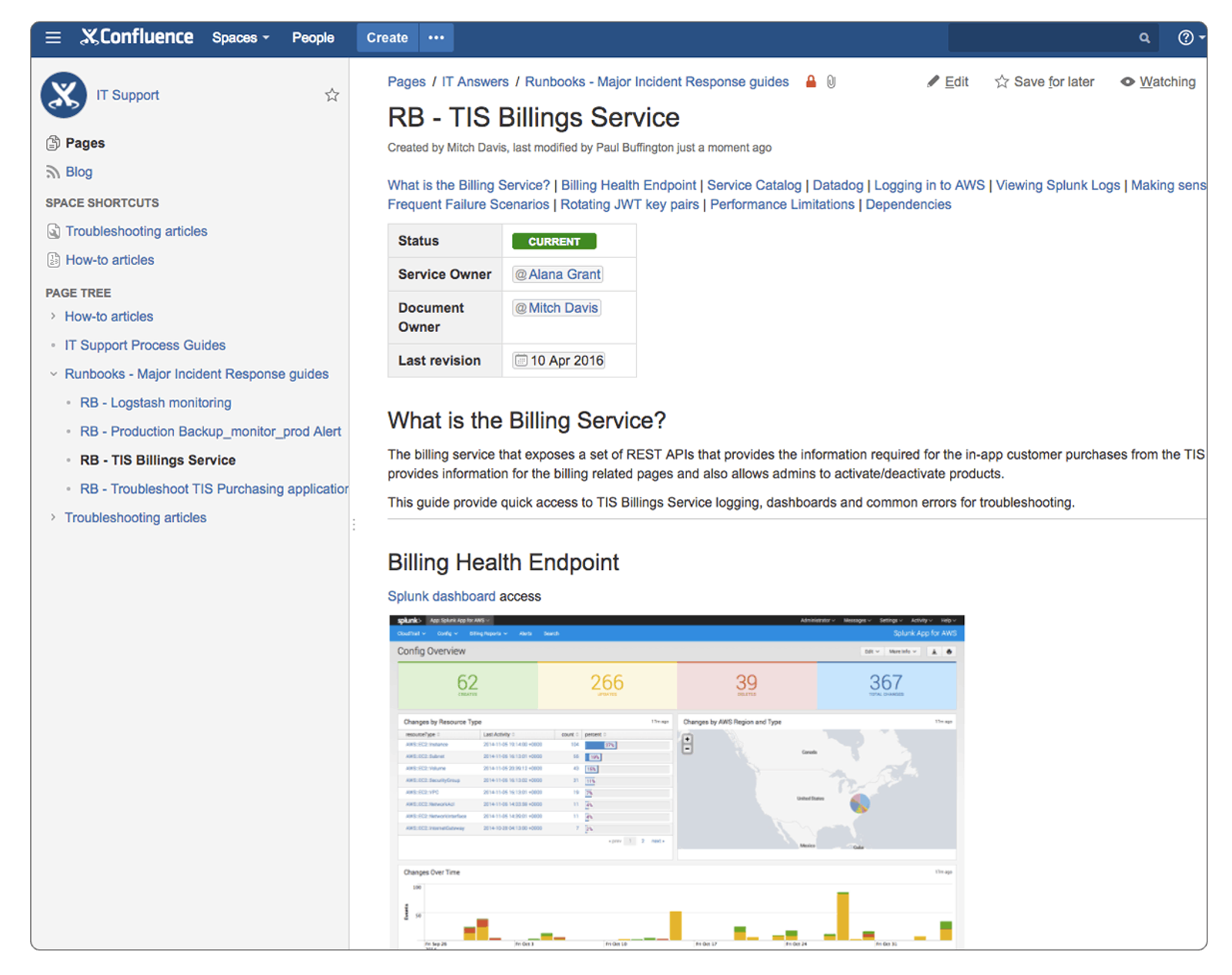 Eine Confluence-Seite zu einem Abrechnungsdienst mit Metadaten-Tabelle und eingebettetem Dashboard