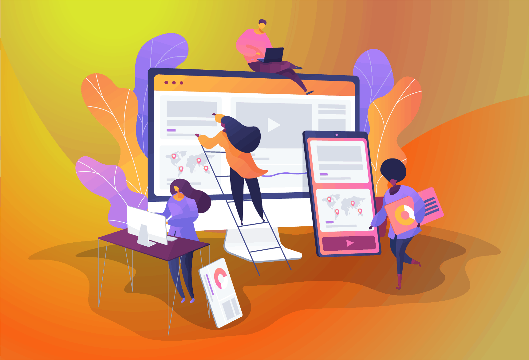 Illustration von Teammitgliedern die eine Website und mobile App mit Kartenansicht und Dashboards anpassen.