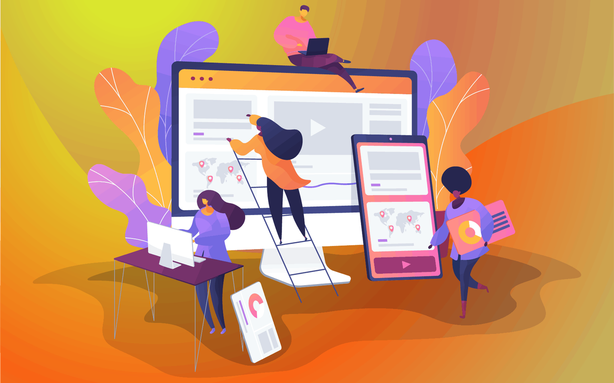 Illustration von Teammitgliedern die eine Website und mobile App mit Kartenansicht und Dashboards anpassen.