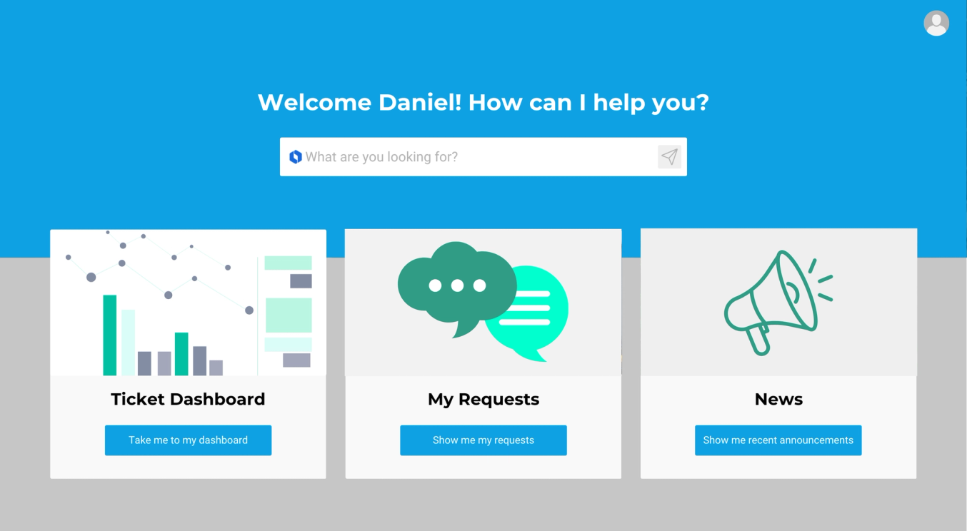 Customer portal home page with tiles for the ticket dashboard, my requests, and announcements