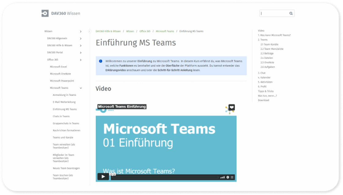 Artikel „Einführung MS Teams“ in DAV360 Wissen, mit Navigationsbaum links, Hinweiskasten und eingebettetem Schulungsvideo