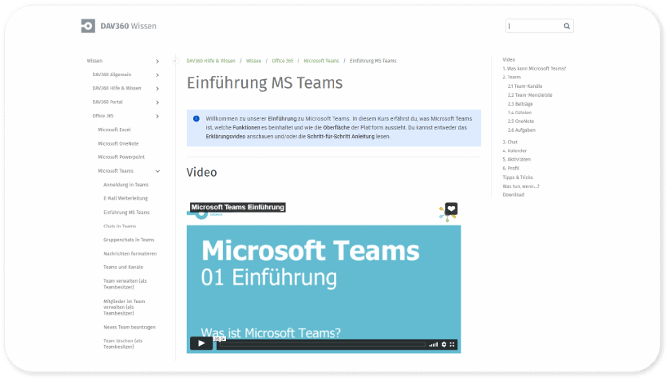 Artikel „Einführung MS Teams“ in DAV360 Wissen, mit Navigationsbaum links, Hinweiskasten und eingebettetem Schulungsvideo