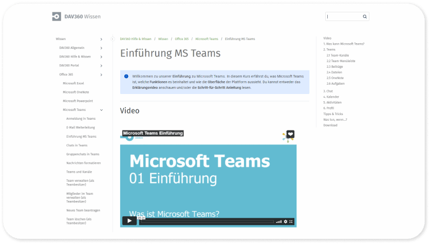Artikel „Einführung MS Teams“ in DAV360 Wissen, mit Navigationsbaum links, Hinweiskasten und eingebettetem Schulungsvideo