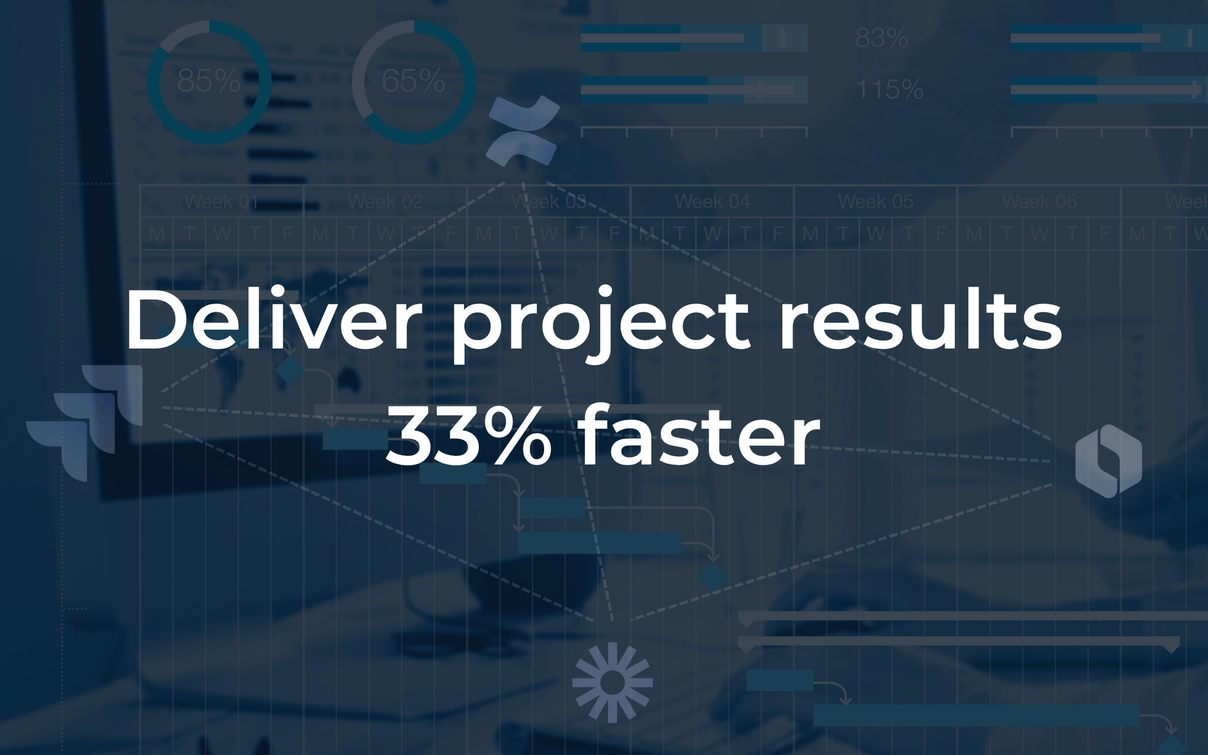 Projektmanagement-Dashboard mit Fortschrittsanzeigen und Balkendiagrammen, Text: Deliver project results 33% faster.
