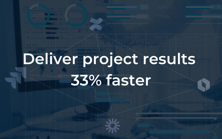 Projektmanagement-Dashboard mit Fortschrittsanzeigen und Balkendiagrammen, Text: Deliver project results 33% faster.