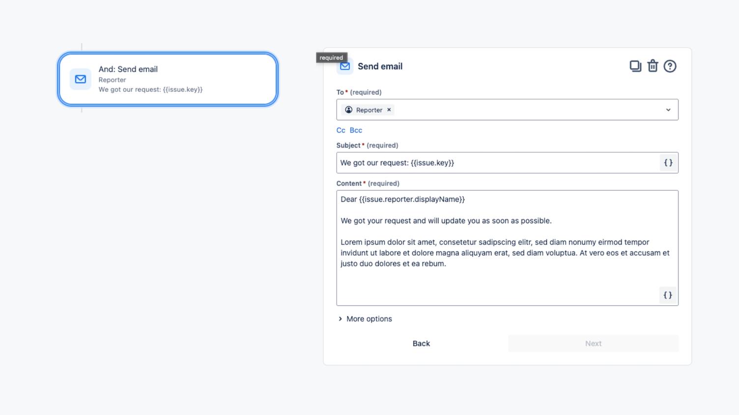 Screenshot einer Jira-Automatisierung mit der Aktion „Send email": Empfänger, Betreff mit Vorgangsschlüssel und ein vorformulierter Nachrichtentext