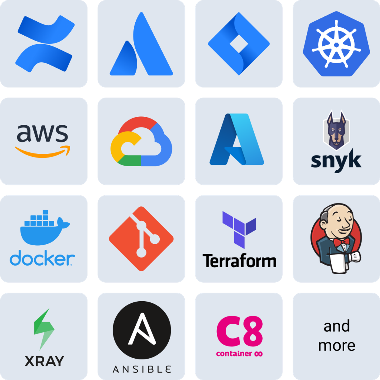 A grid of product logos including AWS, Google Cloud, Docker, Git, Terraform, Ansible and Snyk
