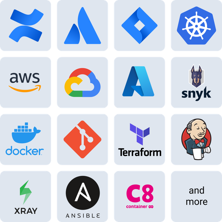 Ein Raster aus Produktlogos, darunter AWS, Google Cloud, Docker, Git, Terraform, Ansible und Snyk