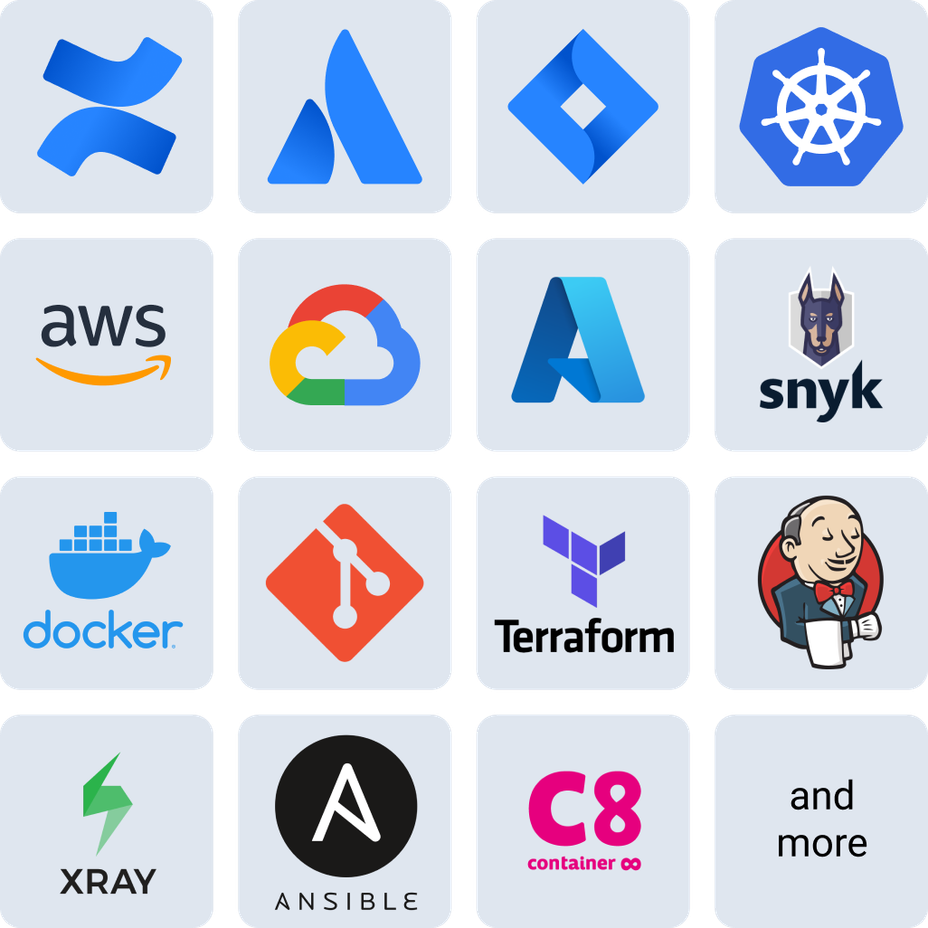 A grid of product logos including AWS, Google Cloud, Docker, Git, Terraform, Ansible and Snyk