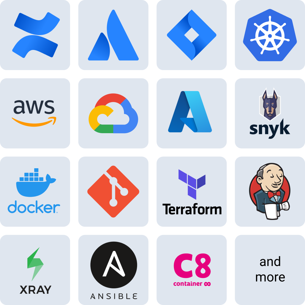 A grid of product logos including AWS, Google Cloud, Docker, Git, Terraform, Ansible and Snyk