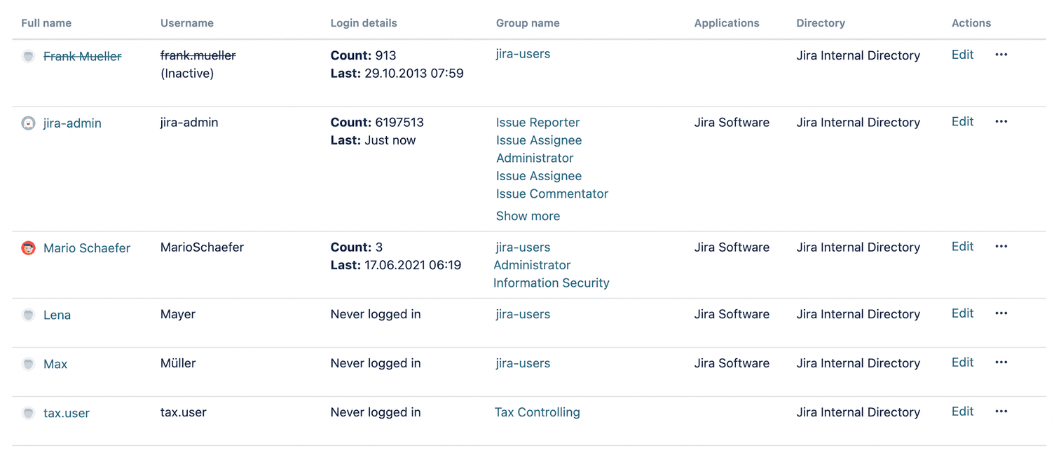 Die Nutzerliste in Jira: je Zeile Name, Anmeldename, Anzahl und Datum der letzten Anmeldung, Gruppen, Anwendung und Verzeichnis