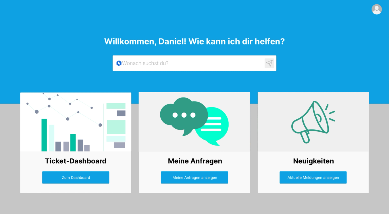 Startseite des Kundenportals mit Kacheln für Ticket-Dashboard, eigene Anfragen und Ankündigungen