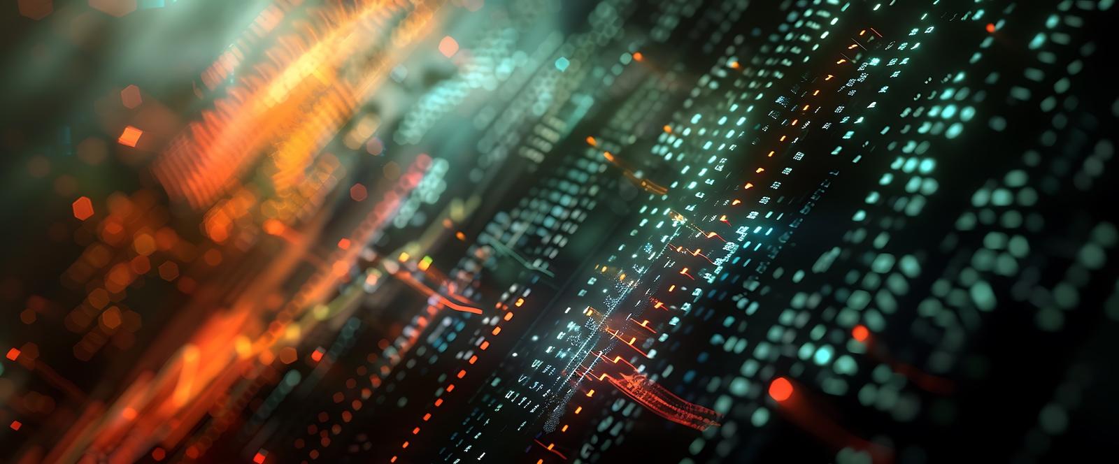 Abstrakter Datenstrom: unscharfe Reihen leuchtender Zahlen und Punkte in Türkis und Orange