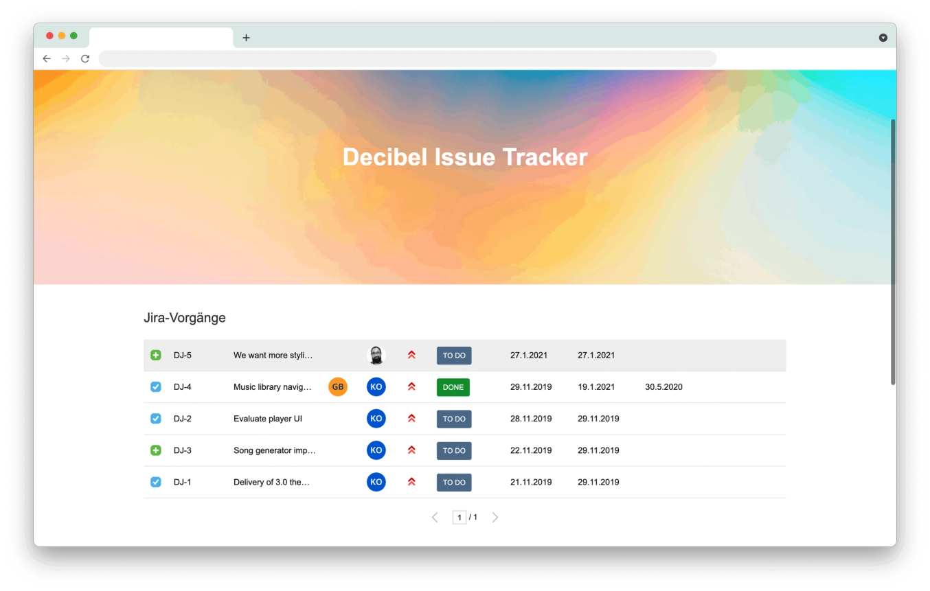 Browser window showing a Jira issue table in the Decibel Issue Tracker web app