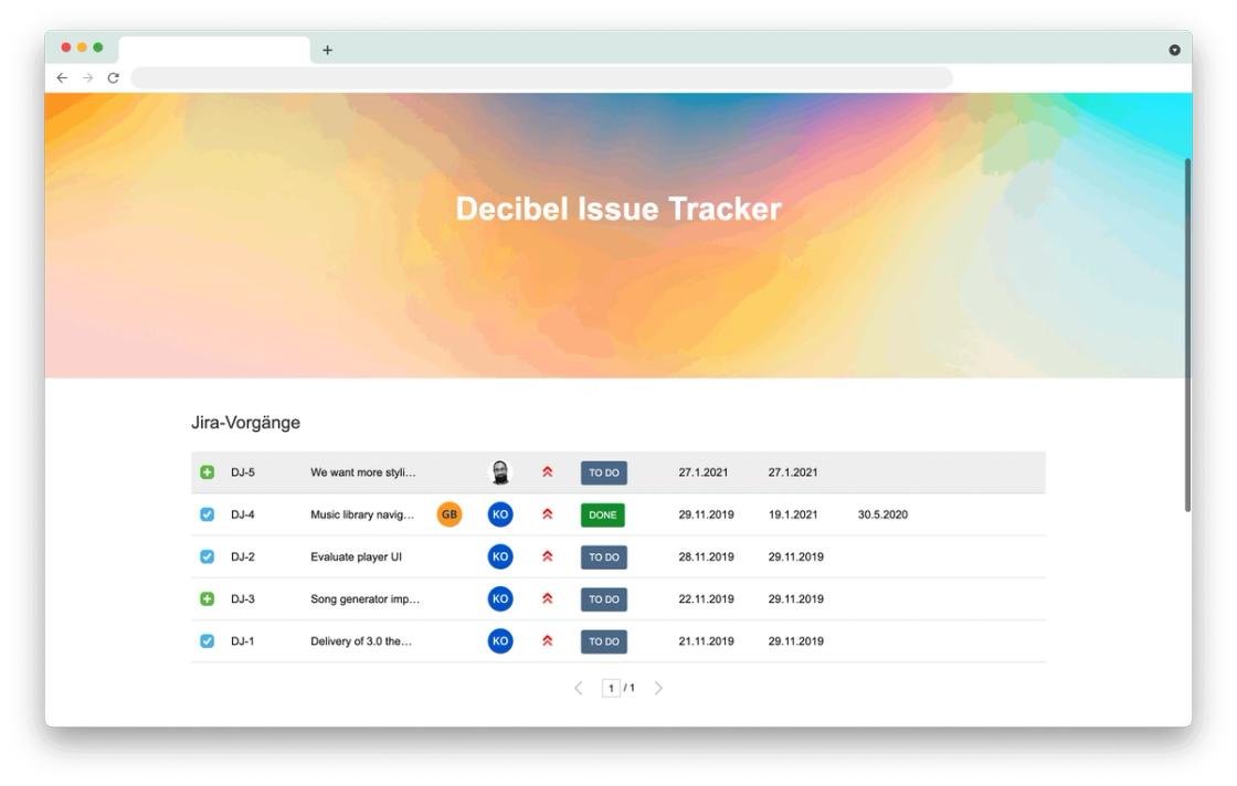 Browserfenster mit einer Jira-Vorgangstabelle in der Web-Anwendung Decibel Issue Tracker
