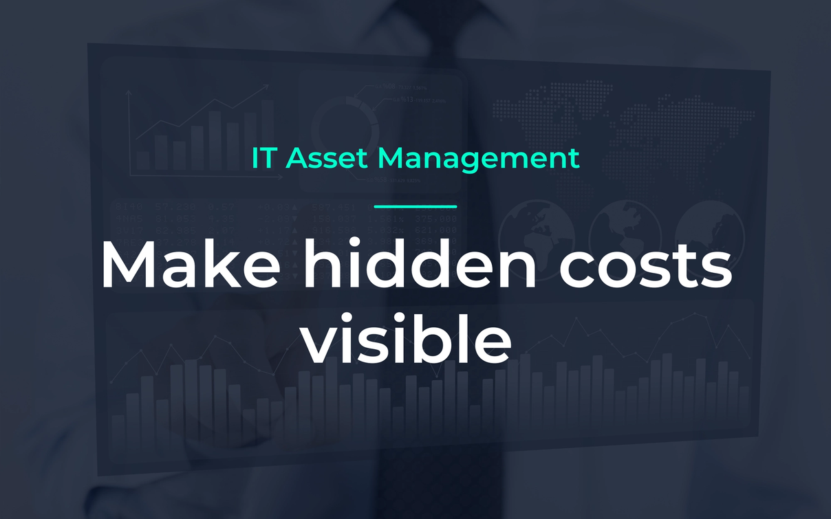 IT Asset Management: Make hidden costs visible – Geschäftsmann mit überlagerten Diagrammen und Weltkarte.