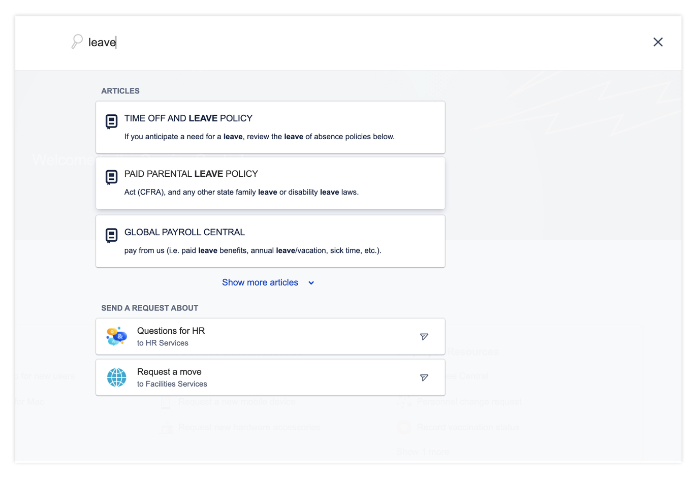 Search results in a knowledge base for the term "leave", showing articles and quick request options