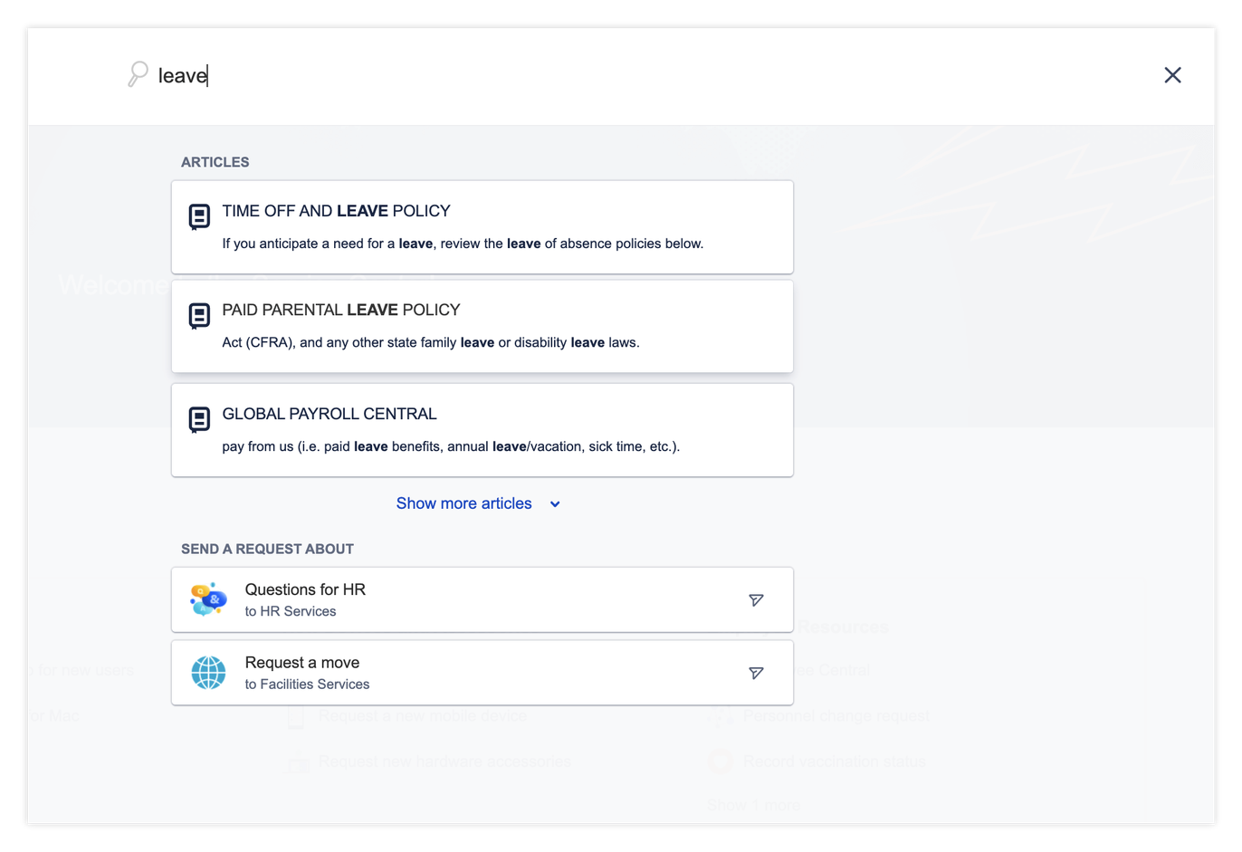 Search results in a knowledge base for the term "leave", showing articles and quick request options