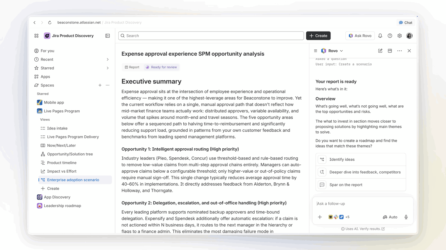 Screenshot von Jira Product Discovery mit einer Chancenanalyse zum Freigabeprozess für Ausgaben, rechts daneben ein Rovo-Bereich mit einem fertigen Bericht und Vorschlägen