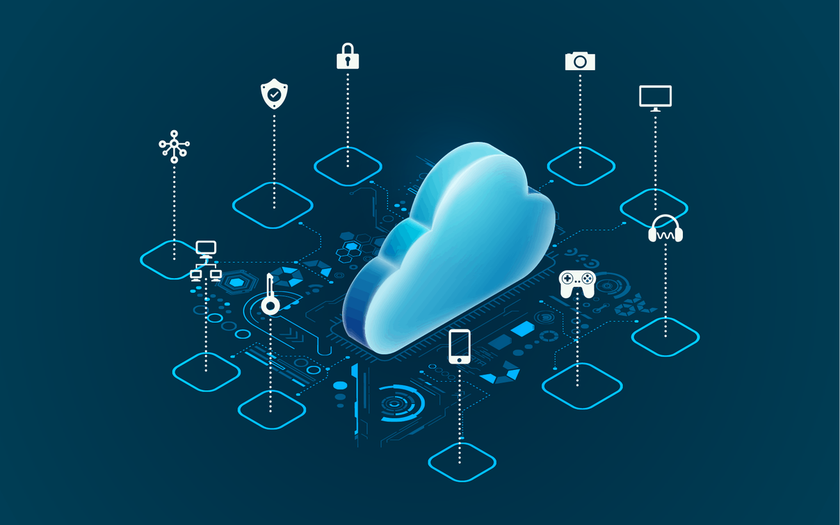 Blaue Wolke in der Mitte, umgeben von Icons für Sicherheit, Geräte und Konnektivität auf einer Schaltungshintergrund-Platine.