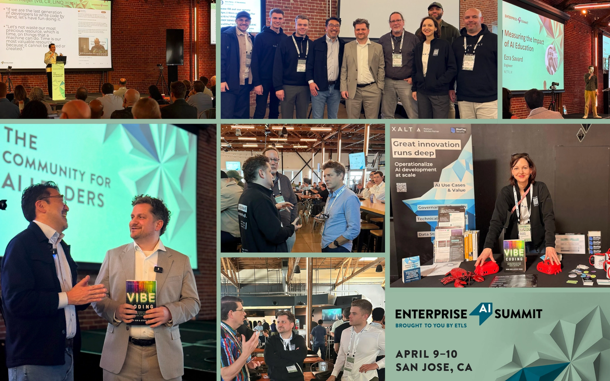 Collage: XALT-Auftritt auf dem Enterprise AI Summit 2026 in San Jose – Vorträge, Networking, Messestand.