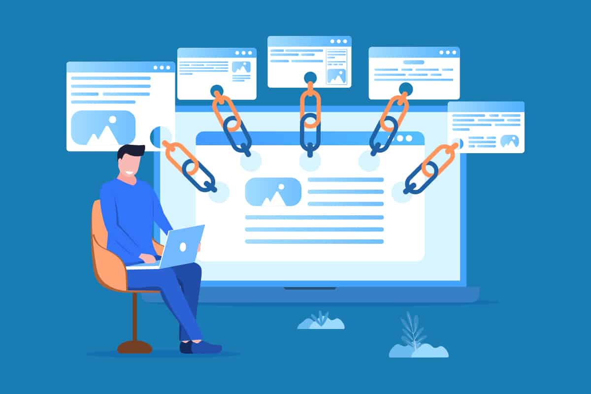 Illustration einer Person am Schreibtisch mit schwebenden Browser-Fenstern, verbunden durch Büroklammern.