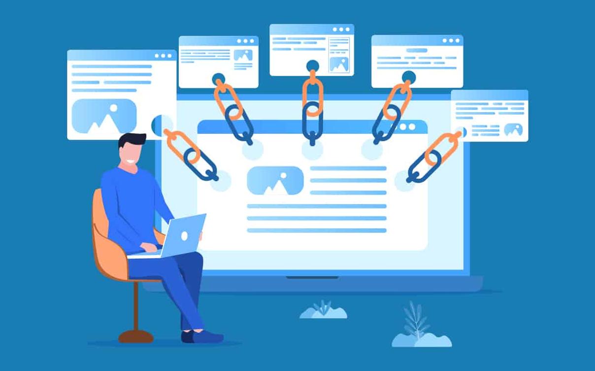 Illustration einer Person am Schreibtisch mit schwebenden Browser-Fenstern, verbunden durch Büroklammern.