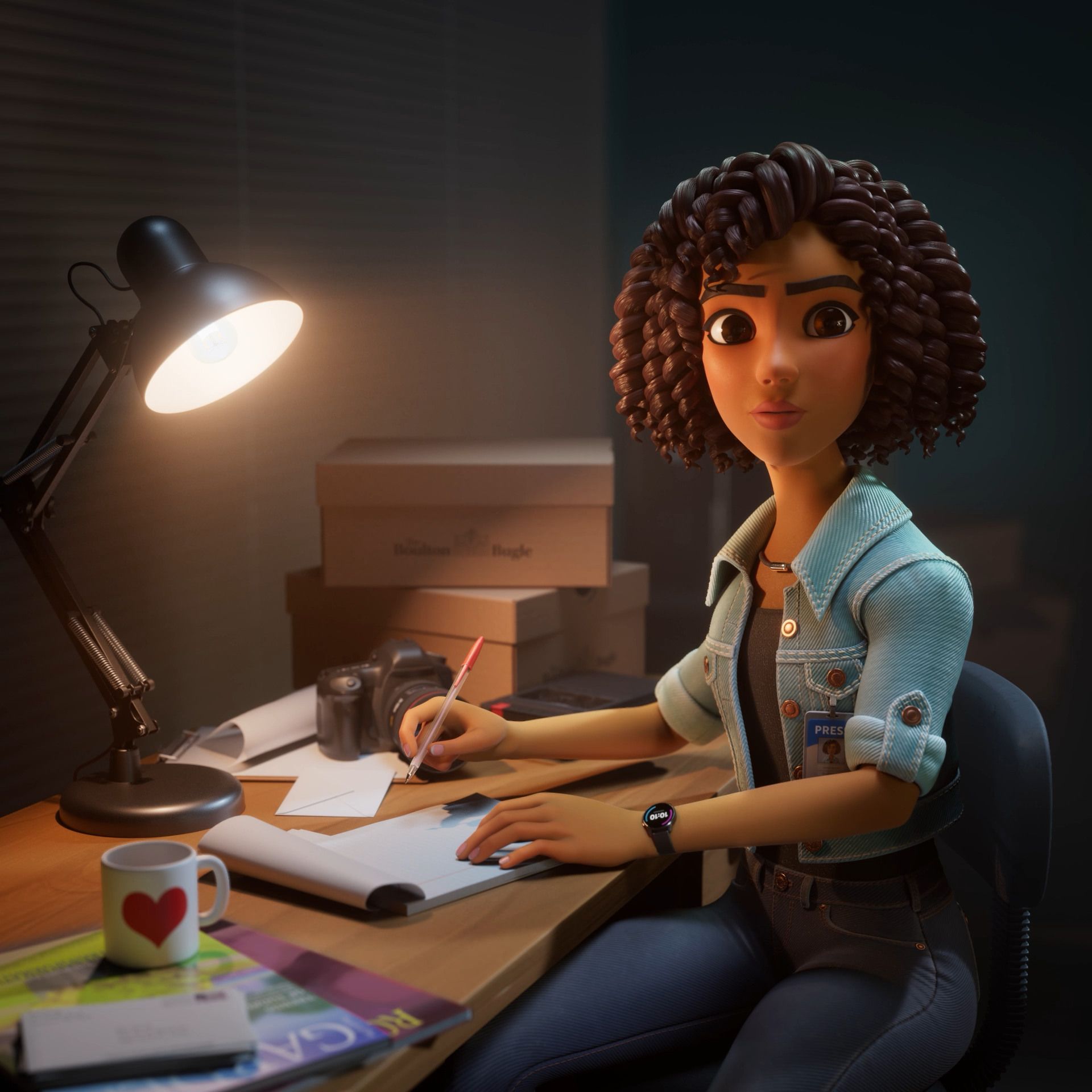 Jackie noticing something from her dimly lit desk