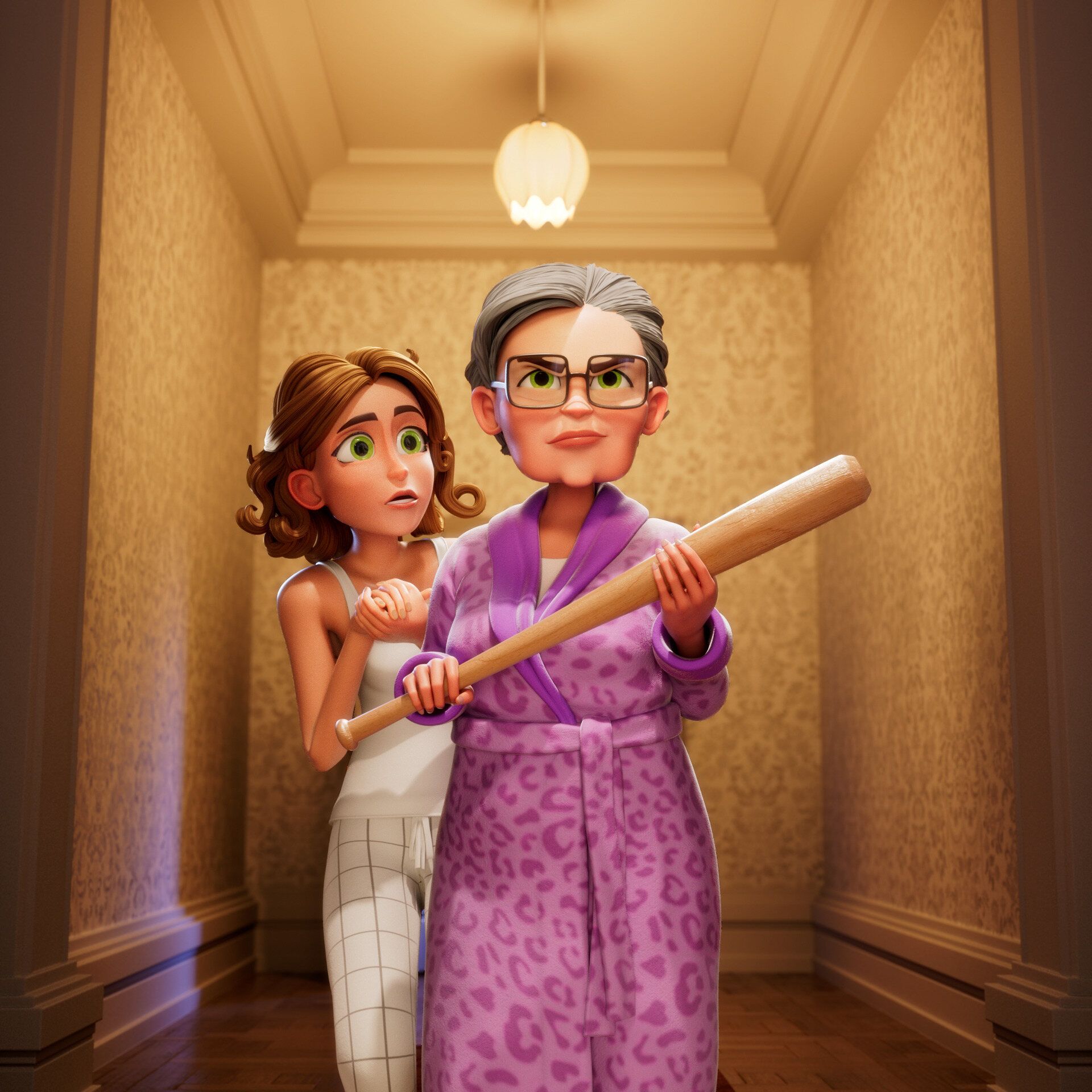 Grandma holding a baseball bat, while Maddie is looking scared