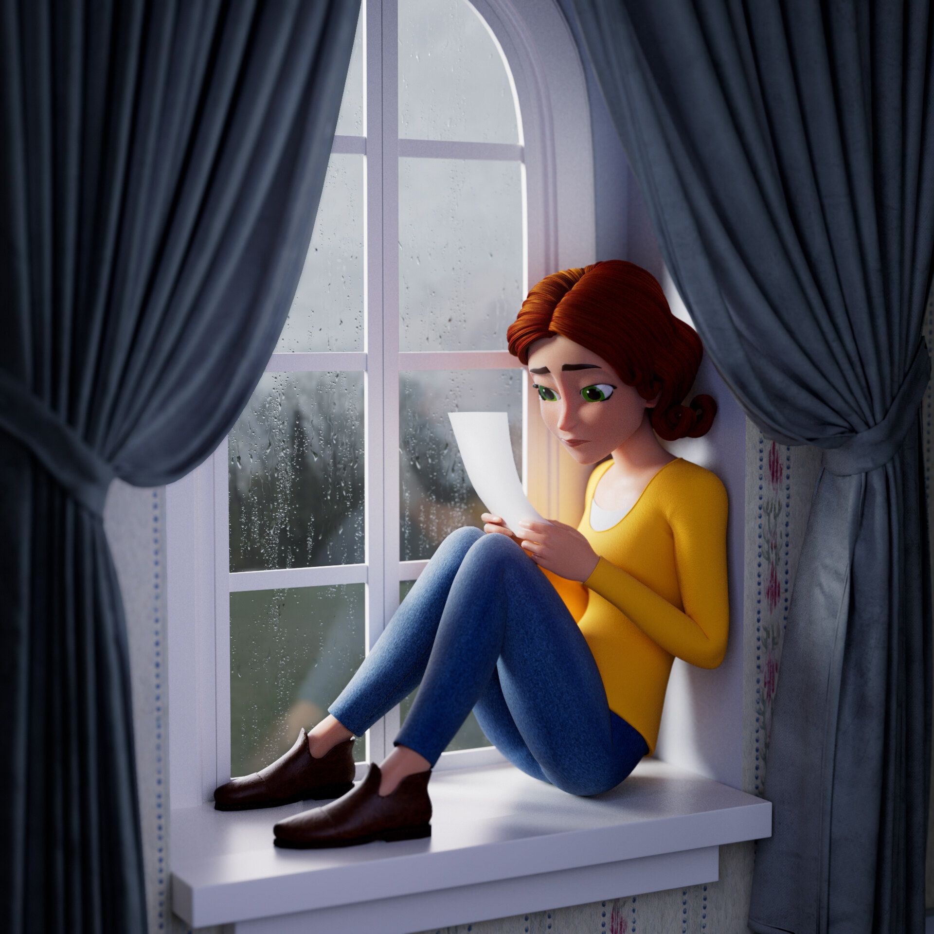 Maddie reading a note while sitting on a windowsill on a gloomy day