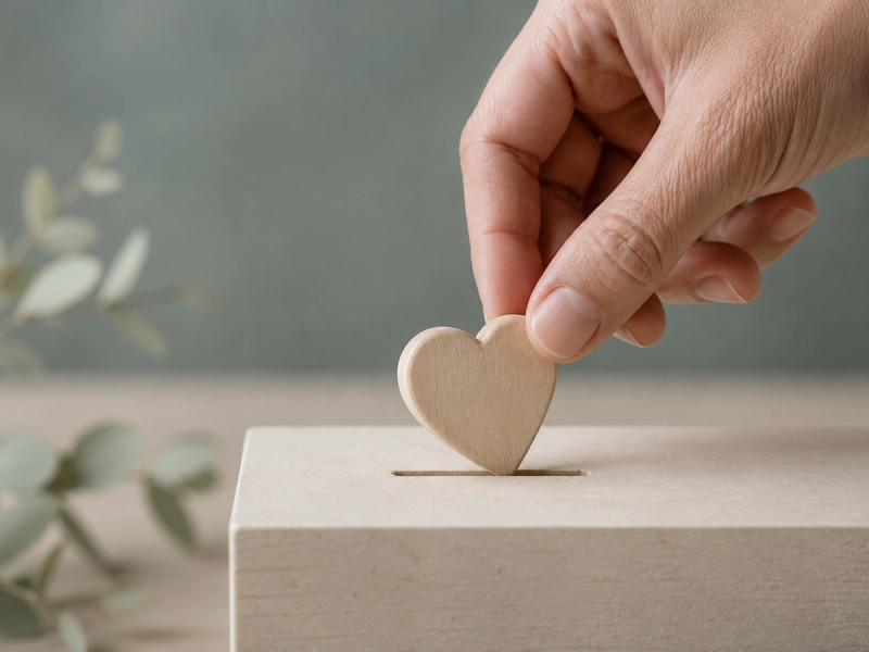 Una mano deposita un corazón de madera en una caja de donativos