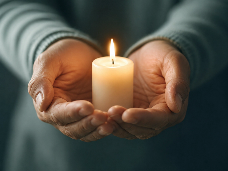 Manos que sostienen una vela encendida