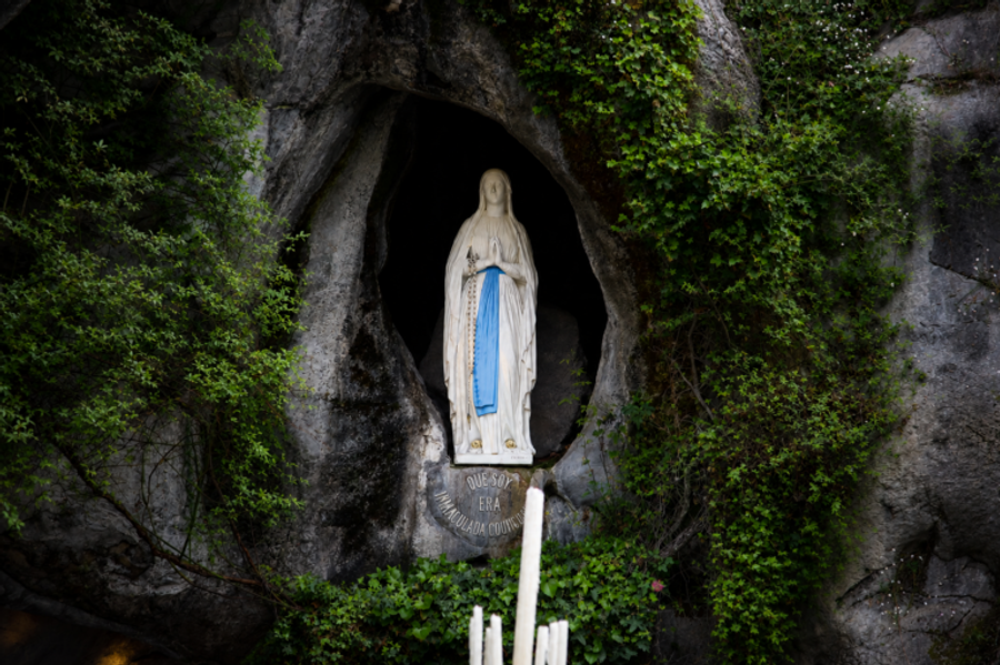 Imagen de la Virgen de Lourdes en la gruta, rodeada de vegetación