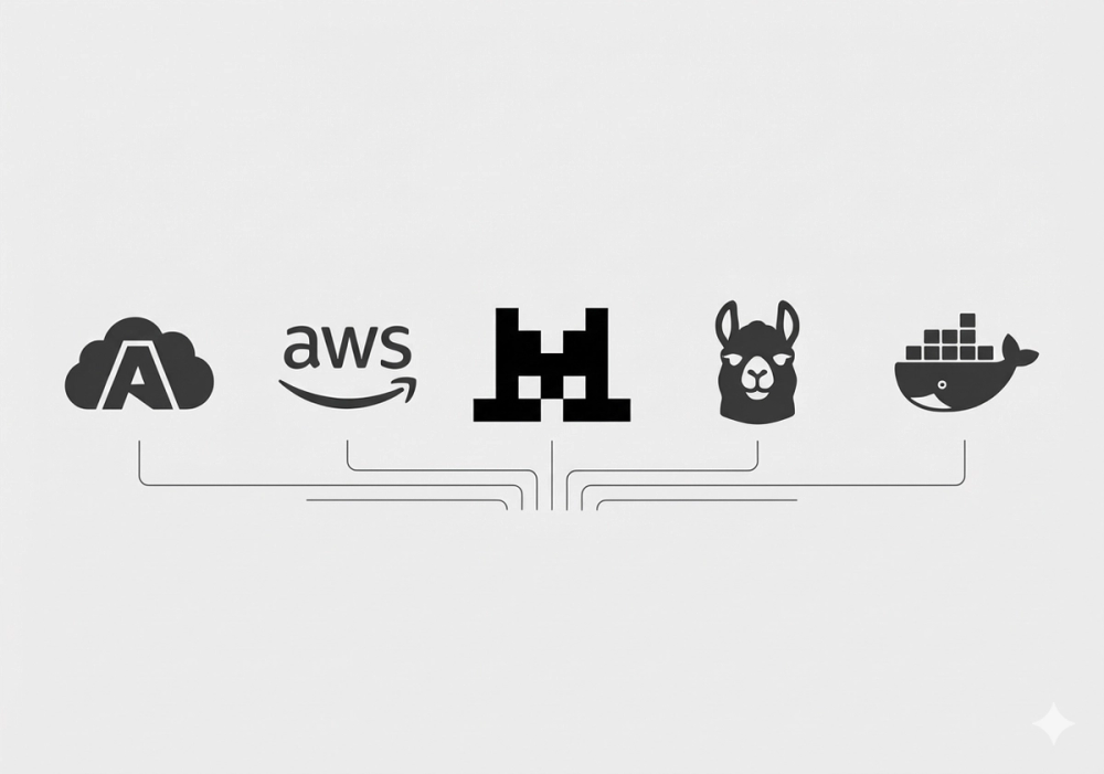Graustufen-Logoreihe führender Enterprise-Technologien für sichere KI-Infrastruktur: Microsoft Azure, Amazon Web Services (AWS), Mistral AI, Meta Llama und Docker.