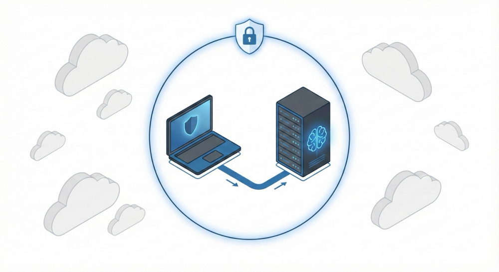Schematische Darstellung einer Local LLM Architektur: Der Datenfluss zwischen Nutzer und AI-Server bleibt isoliert hinter der Firewall, ohne Verbindung zur Cloud.