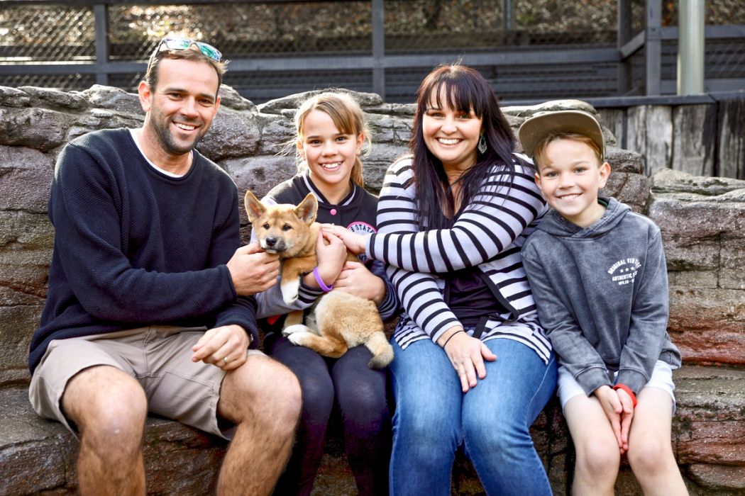 family take photos with big burmese python at the australian reptile park